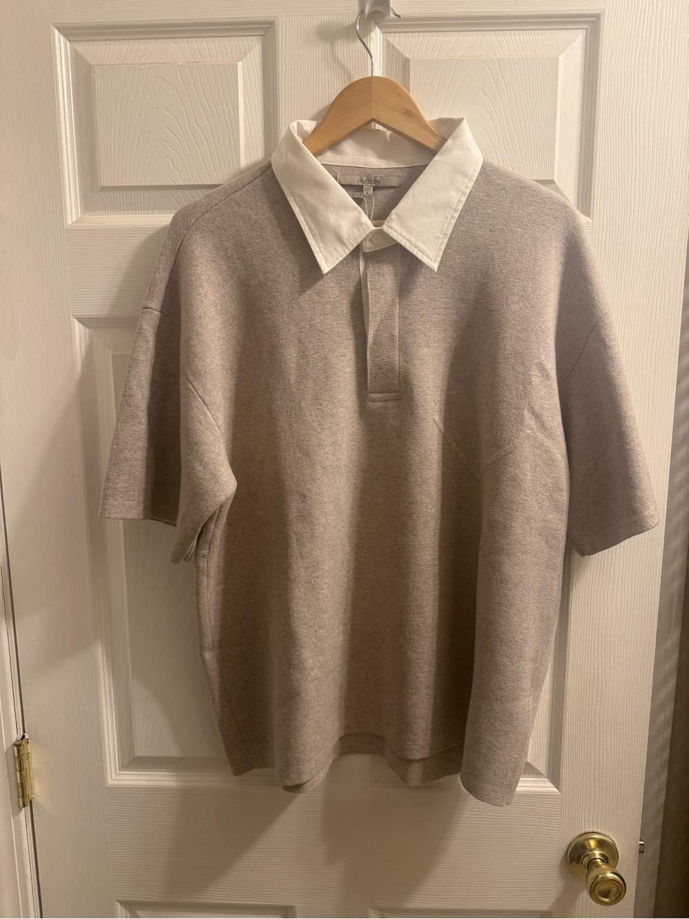 Hudson Jeans Taupe Short Sleeve Polo with White Collar NWT